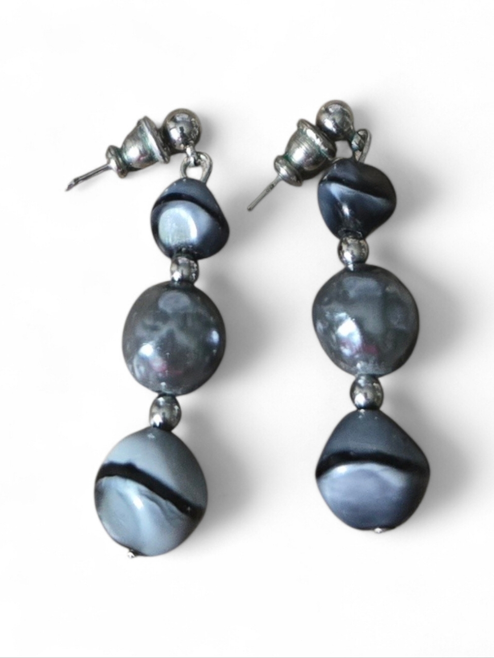 Silver-Tone Grey Beaded Drop Earrings - Unbranded